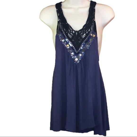Free People | Blue Racerback Tank Sequins Crochet Neckline / Back Straps M - Picture 3 of 7